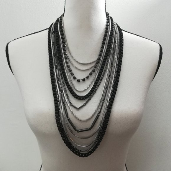 Unbranded Jewelry - Black Silver Rhinestones Multilayered Boho Flapper Statement Necklace
